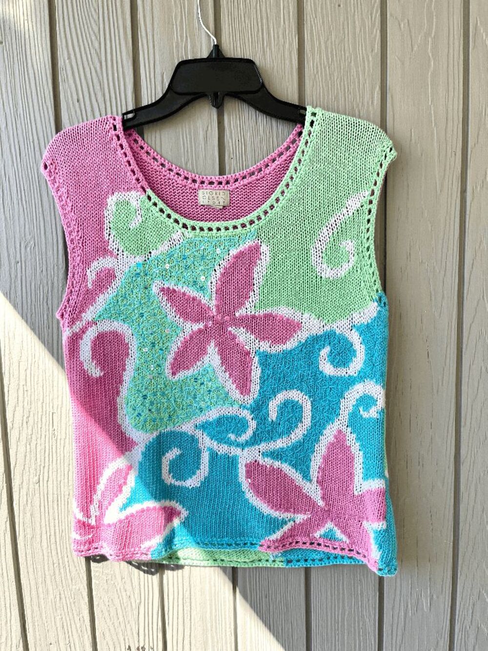 Sigrid Olsen Sport Y2K Floral Knit Tank Top Sequin Crochet Boho M